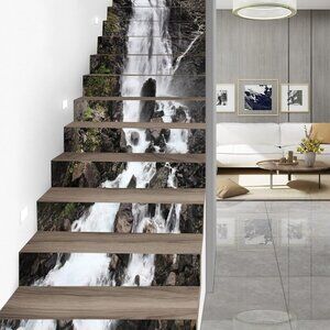 Rock Waterfall Stair Stickers - Set of 15, Peel and Stick Stair Riser Decals, 39